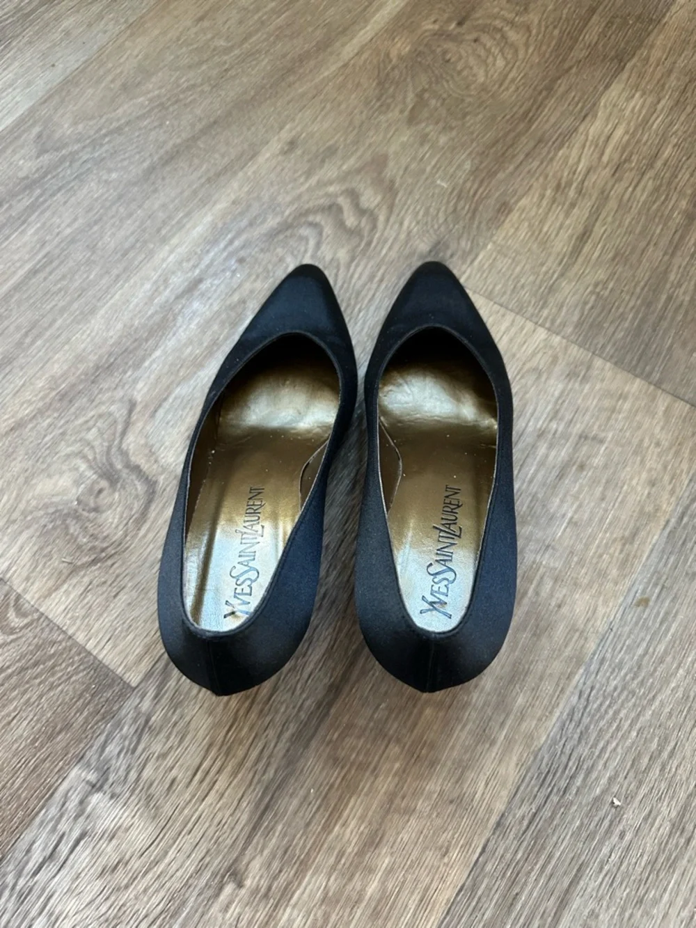 Yves Saint Laurent Vintage Satin Pumps Black Gold Leather Interior Size 7N - Picture 9 of 12